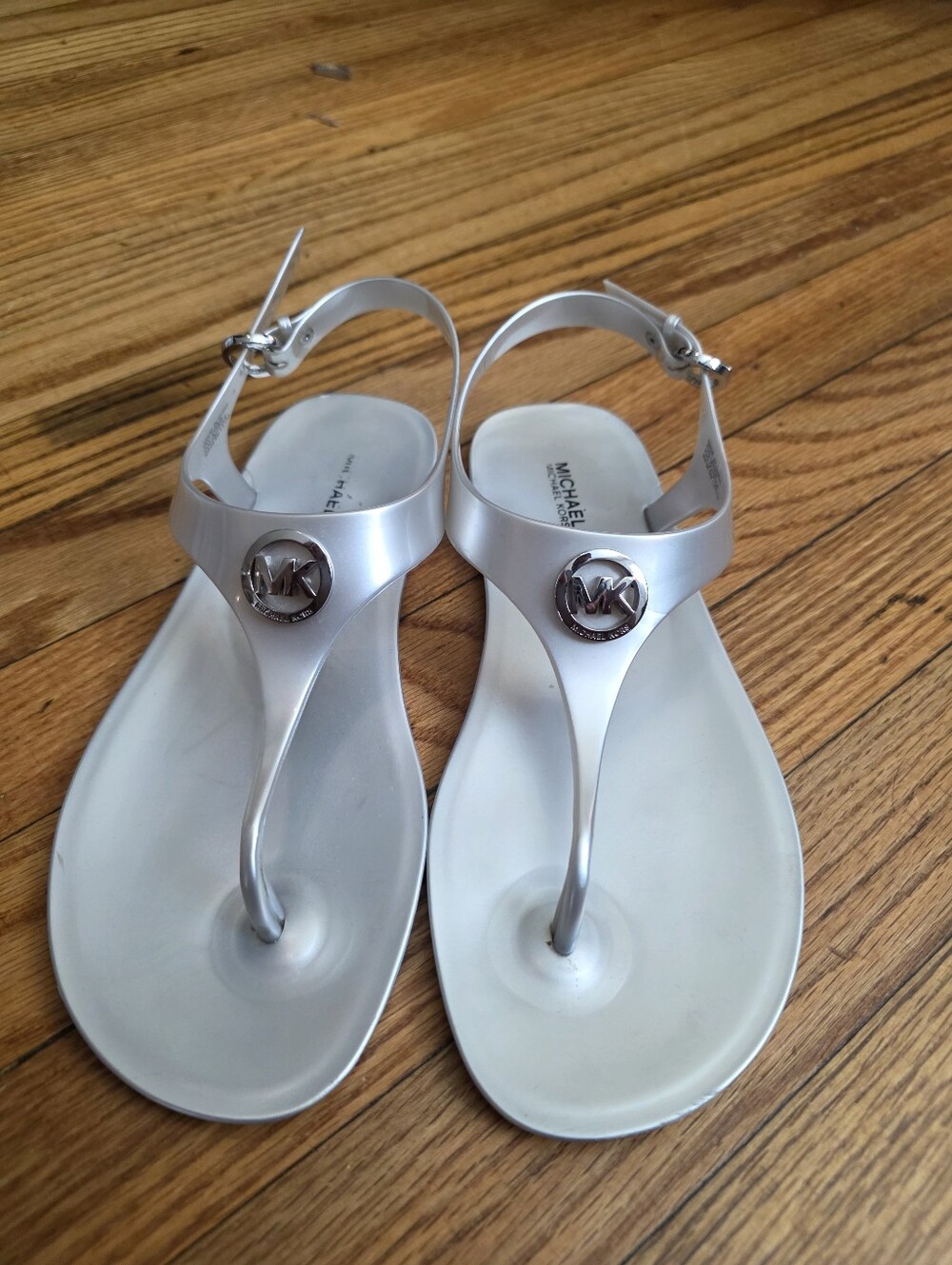 Michael Kors Metallic Silver MK Logo T-Strap Sandals